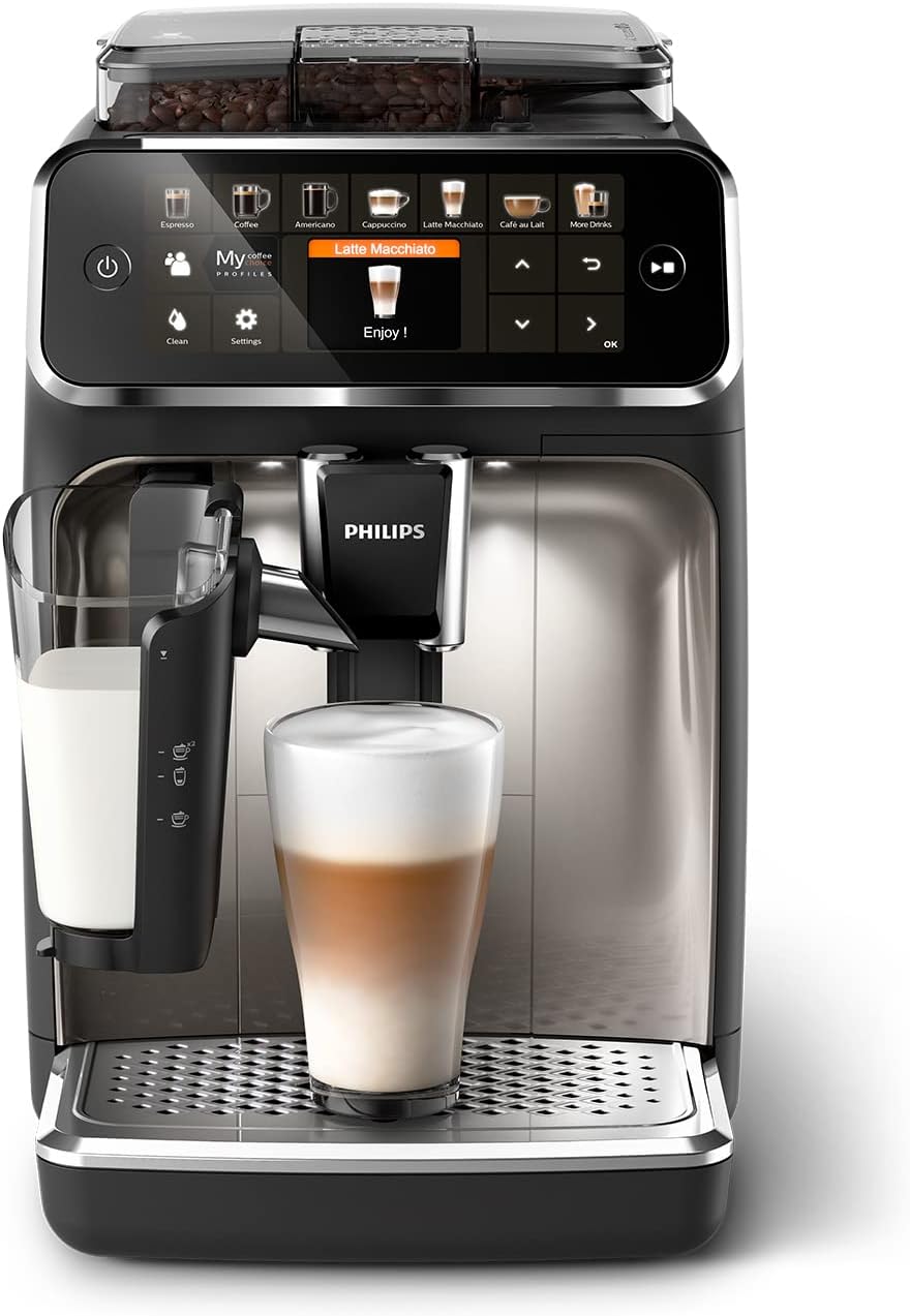 PHILIPS Kaffeevollautomat LatteGo 5400 Serie, Chrom, 12 Spezialitäten | Espressomaschine, LatteGo Milchsystem, einfache Reinigung, 4 Profile, TFT-Display, Keramikmahlwerk (EP5447/90)