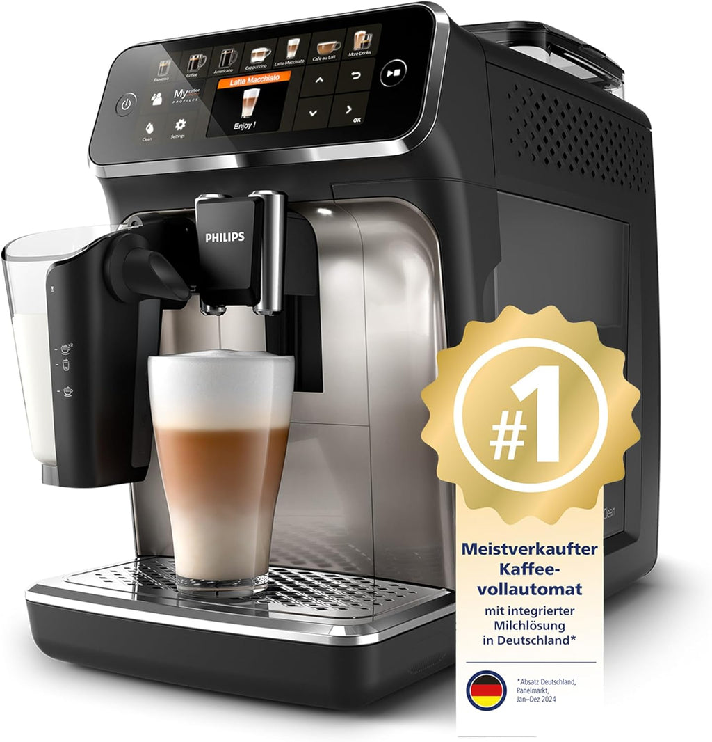 PHILIPS Kaffeevollautomat LatteGo 5400 Serie, Chrom, 12 Spezialitäten | Espressomaschine, LatteGo Milchsystem, einfache Reinigung, 4 Profile, TFT-Display, Keramikmahlwerk (EP5447/90)